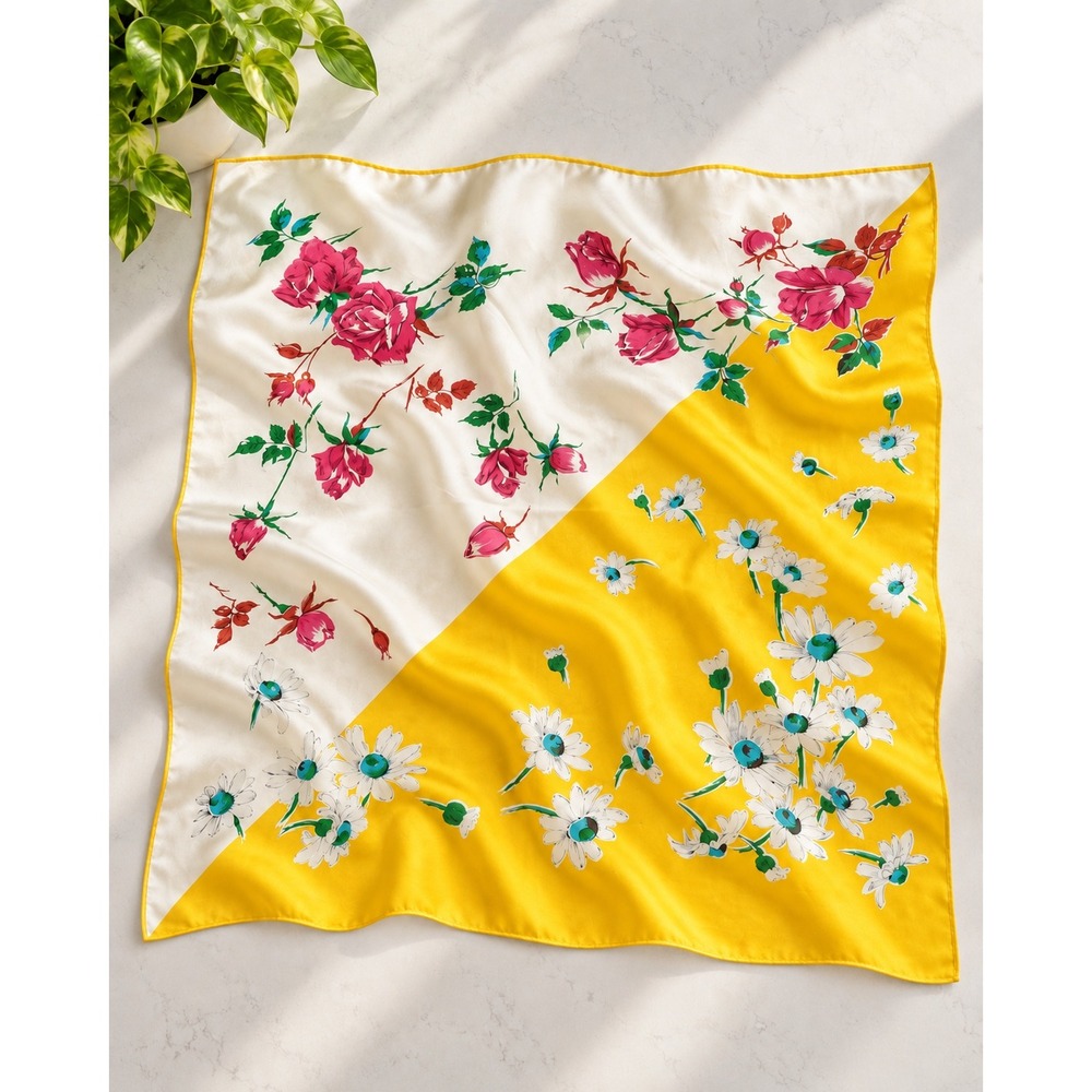 Vintage Floral Square Scarf Yellow White Pink Rose Daisy Satin Neck Head Wrap